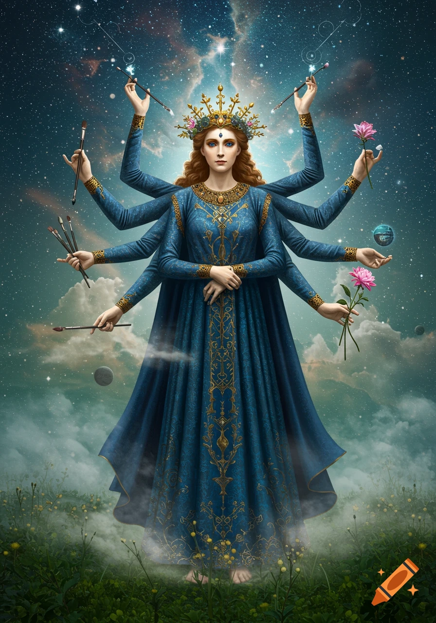 A multi-armed goddess in a blue and gold gown stands in grassy field under a starry, cloudy sky, holding paintbrushes, flowers, and a small planet.