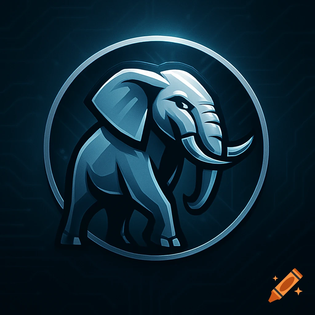 Stylized blue and silver elephant gaming logo in a circular frame against a dark tech background.