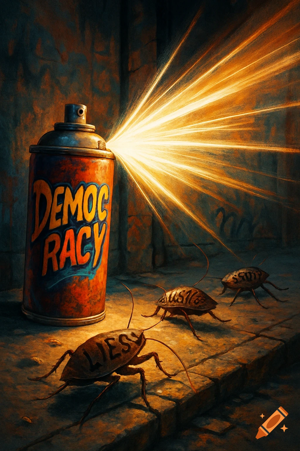 A spray can labeled "DEMOCRACY" emits a golden light towards cockroaches labeled "LIES" and indistinct text, in a dark, stylized scene.