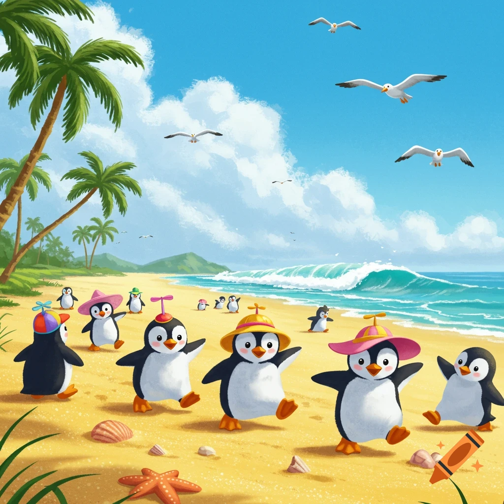 Cartoon penguins in colorful hats waddling on a sandy beach with palm trees, ocean waves, and seagulls under a blue sky.