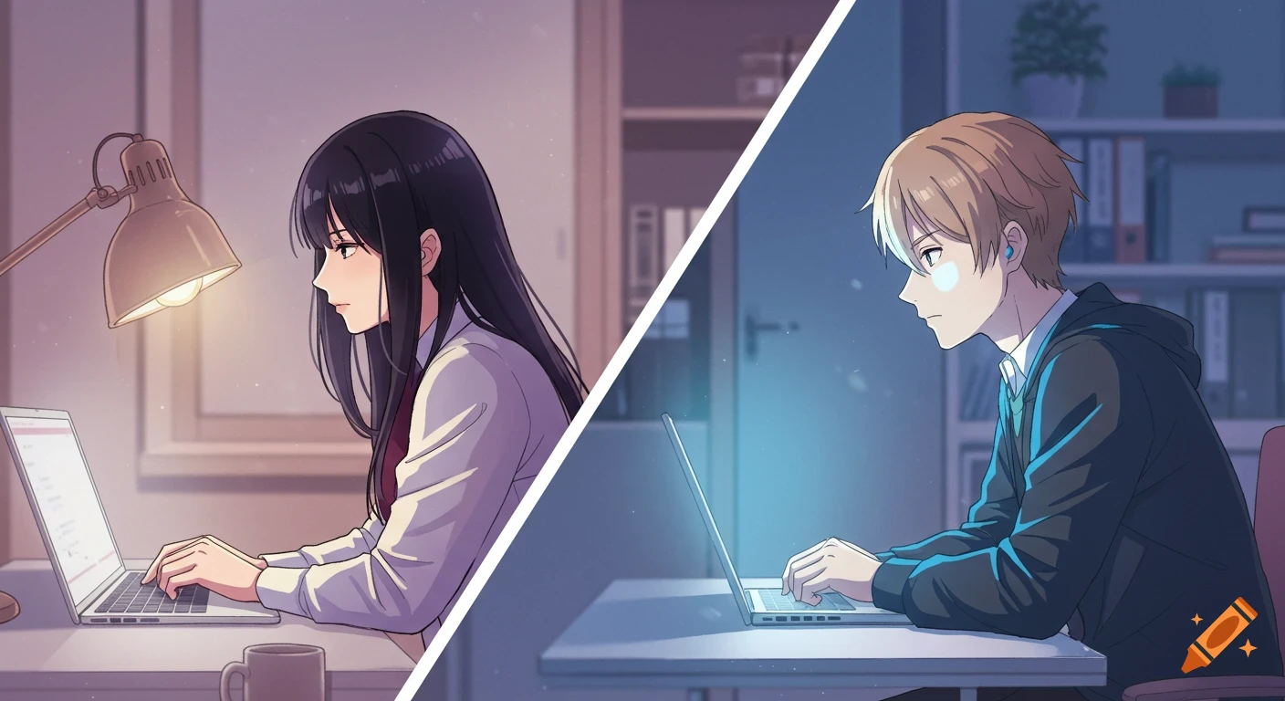Anime split-screen of a girl and boy working on laptops, illuminated by desk lamps and screen light in their rooms.