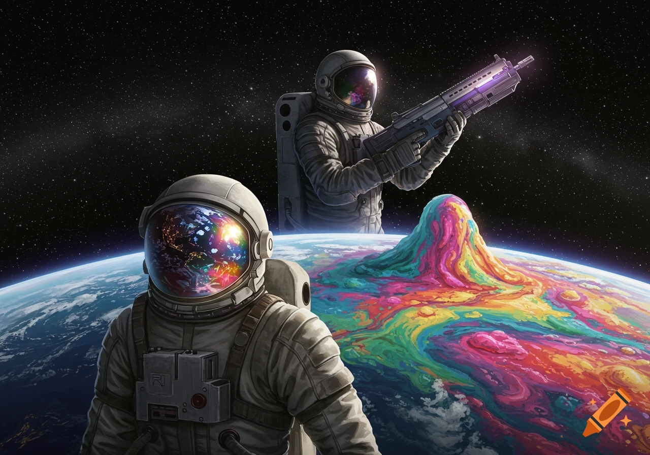 Two astronauts in space above a colorful, melting planet; one holds a rifle, the other looks towards the viewer.