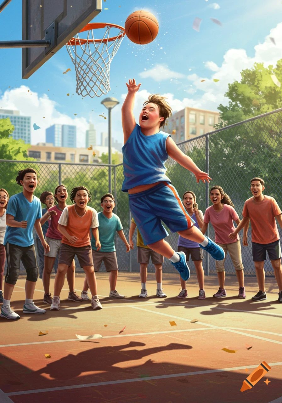 A boy with Down syndrome jumps to dunk a basketball while other cheering children watch on an outdoor court.