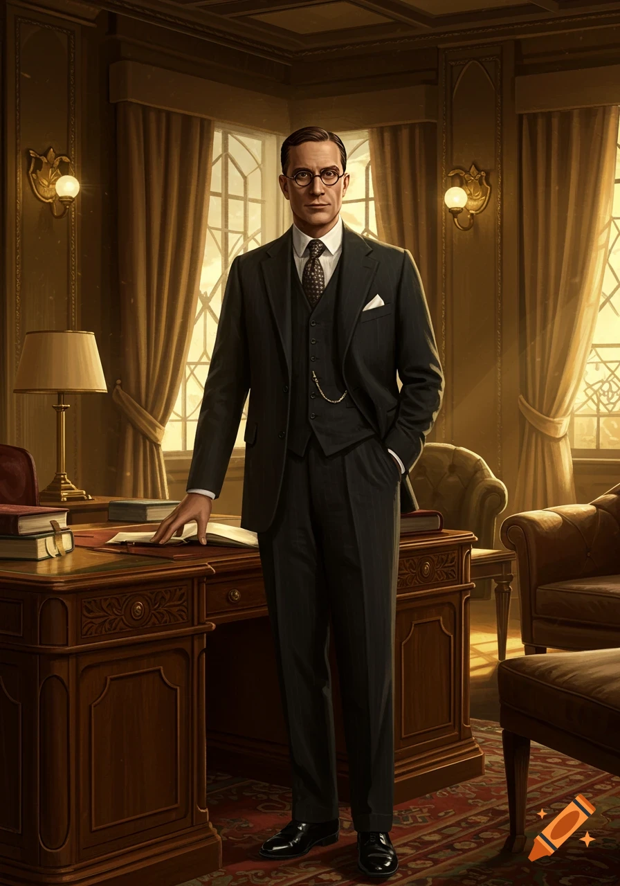 A man in a dark pinstripe suit, vest, and glasses stands formally in a lavish, wood-paneled office with large windows.