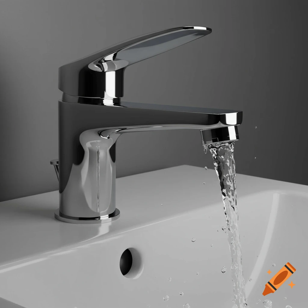 A modern chrome faucet running water into a white ceramic sink, with a plain grey background.