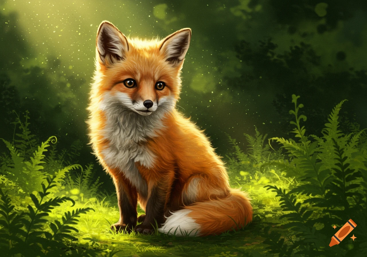 A cute, fluffy red fox with white and black markings sits in a glowing green forest clearing with ferns, in an illustrative style.