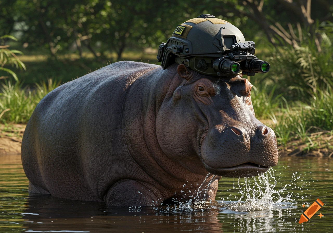A realistic hippo partially submerged in water, wearing a tactical helmet with night vision goggles in a jungle setting.