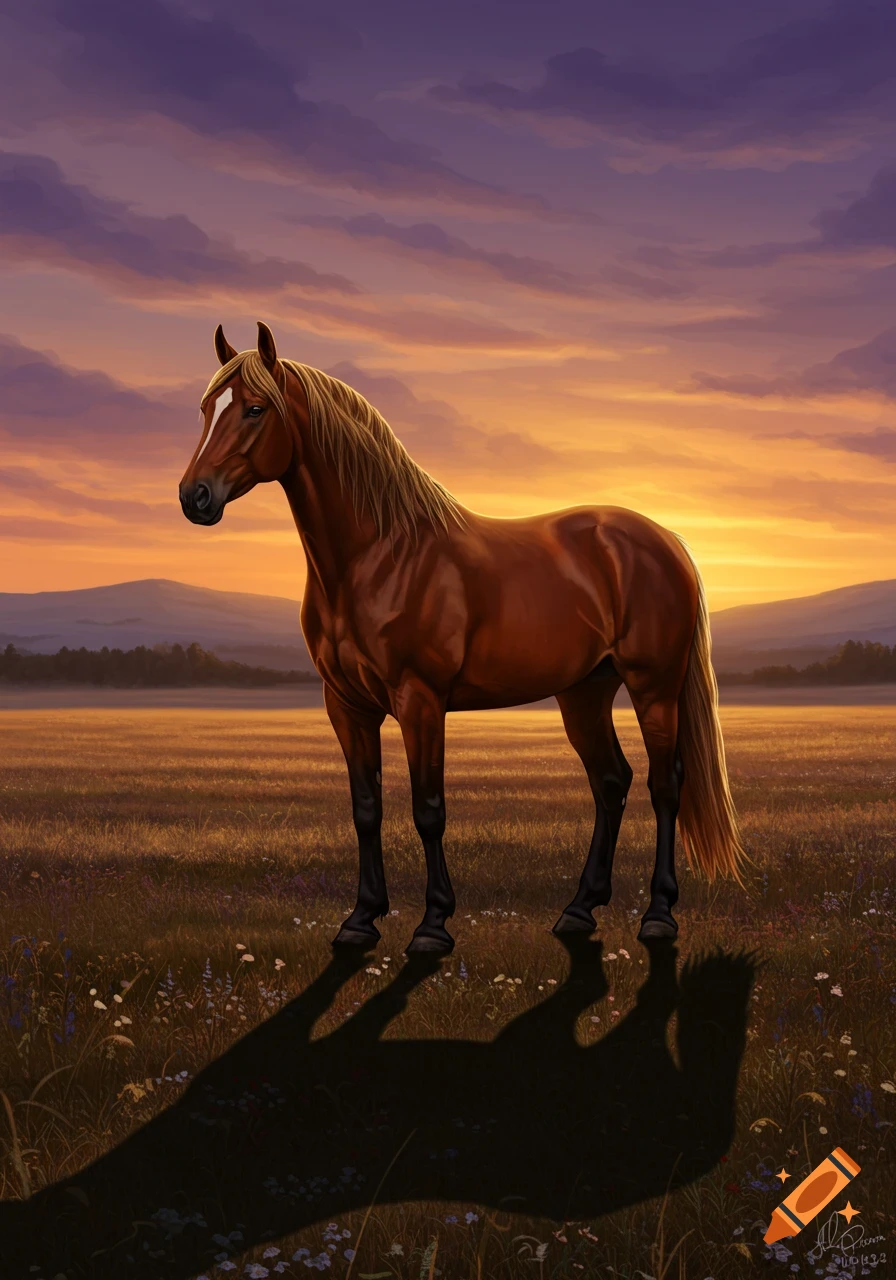 A majestic brown horse stands in a meadow at sunset, silhouetted against an orange and purple sky.