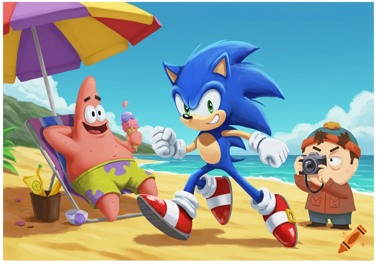 Sonic runs on a vibrant beach past Patrick Star eating ice cream and a South Park character taking a photo.