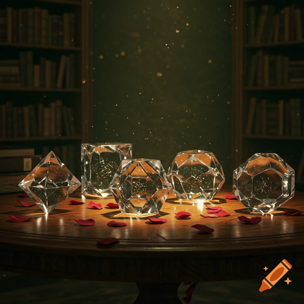 Five crystalline geometric shapes, resembling platonic solids, scattered with red rose petals on a wooden table, with bookshelves in the background.