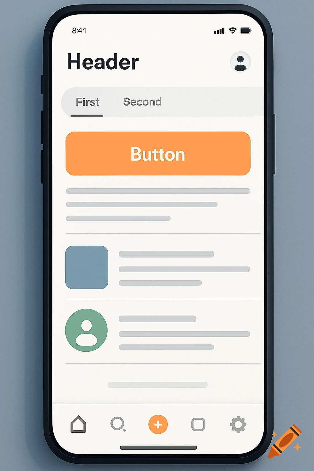 A smartphone displaying a clean mobile app user interface with a header, tabs, a button, and content placeholders.