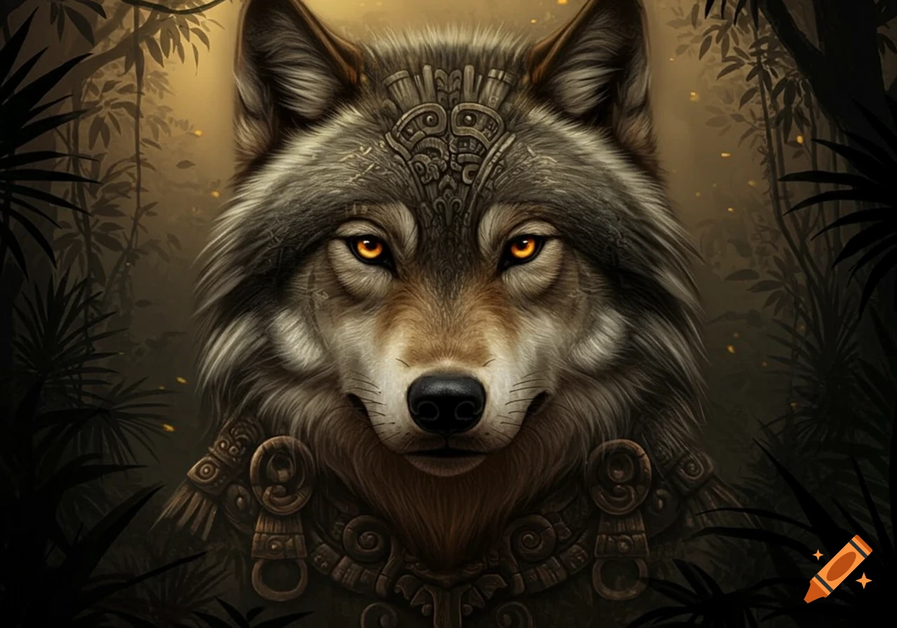Close-up of a majestic wolf's face with glowing orange eyes and intricate Mayan-inspired carvings on its fur, set against a dark, mystical jungle background.