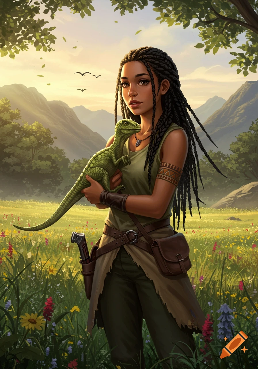 A young woman with long braided hair holds a small green dinosaur in a vibrant, sunny field with wildflowers and mountains.