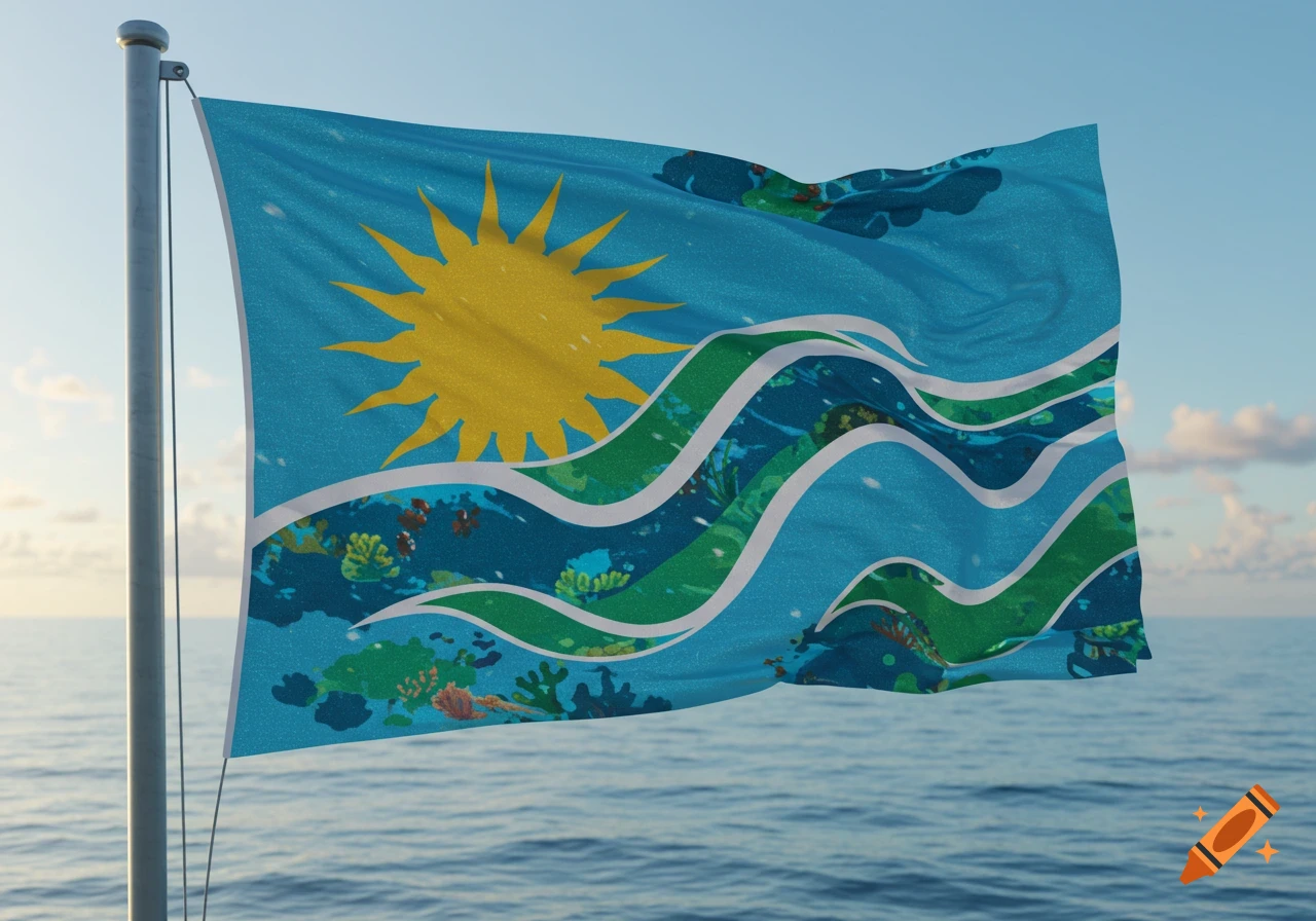 A blue and green flag with a yellow sun and wave patterns depicting underwater life, flying over a calm blue ocean.