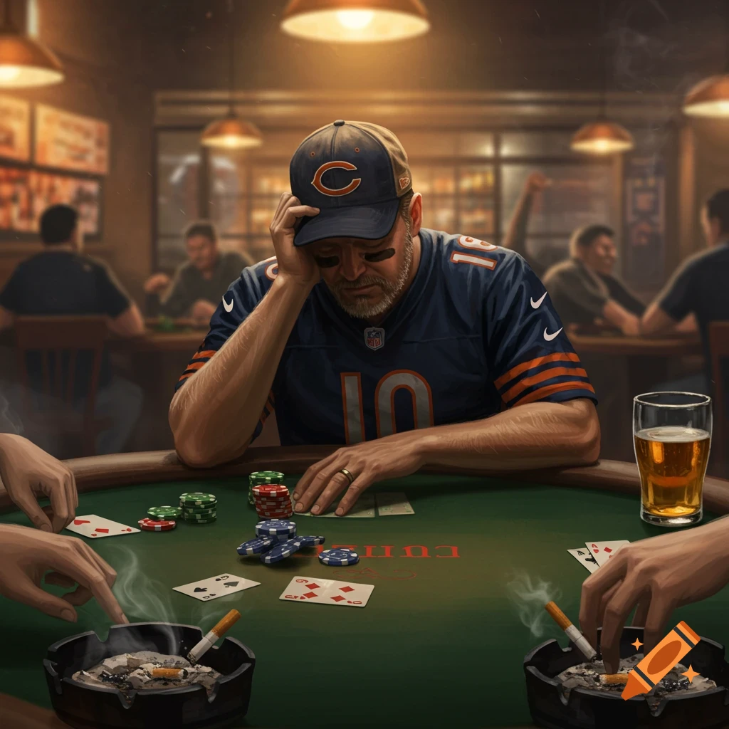 A sad man in a Chicago Bears jersey and cap, with his head in his hand, playing poker at a table in a dim bar, with chips, cards, beer, and ashtrays, in a photorealistic style.