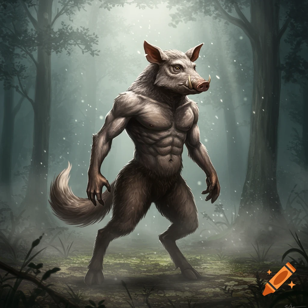 A muscular wild boar-man creature with a dog tail and hooves stands in a misty forest.