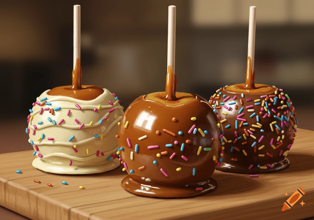 Three decorative caramel apples on a wooden board; one white chocolate with sprinkles, two milk chocolate with sprinkles.