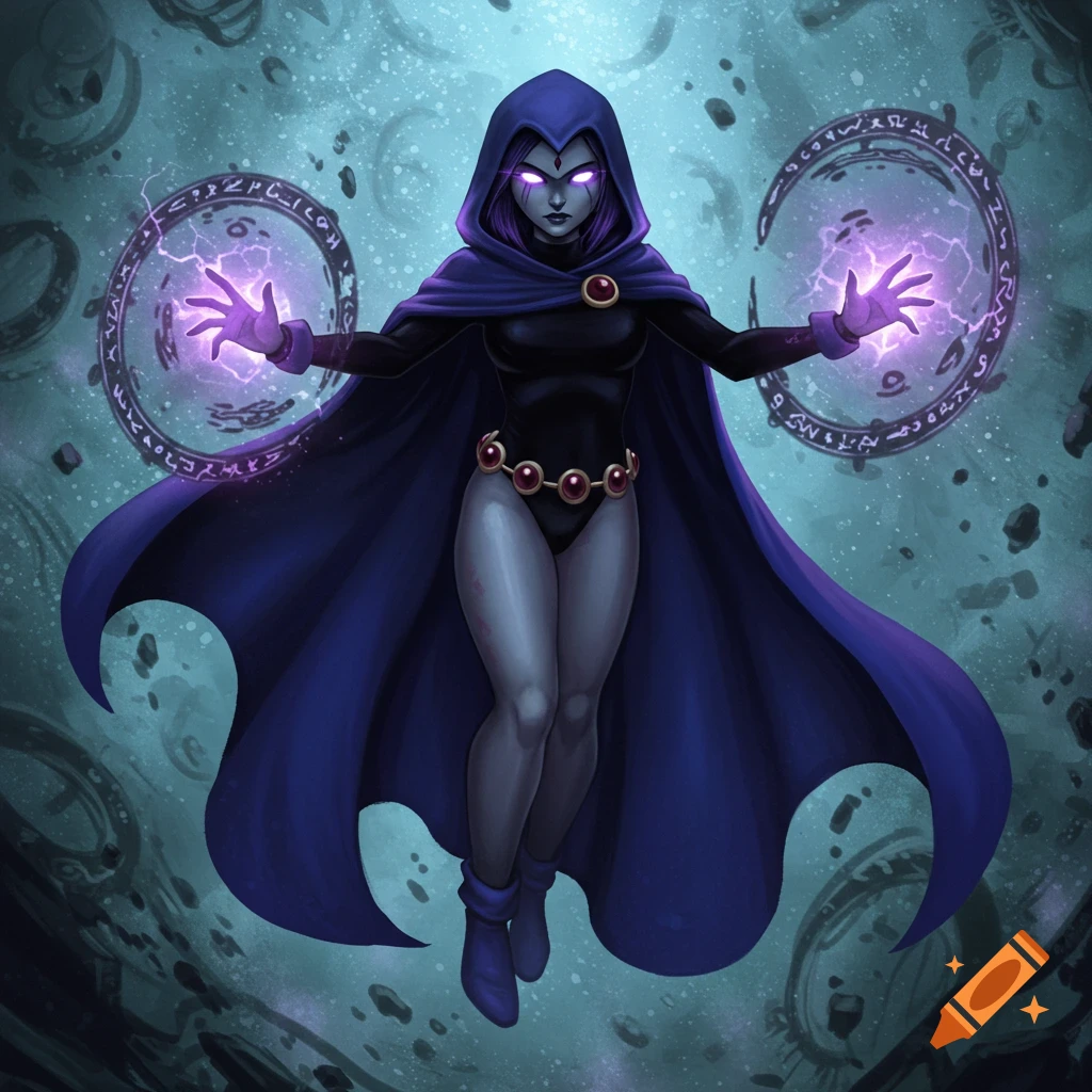 Raven from Teen Titans floats, casting purple magic circles with arcane symbols, wearing her dark hooded cloak and black leotard.
