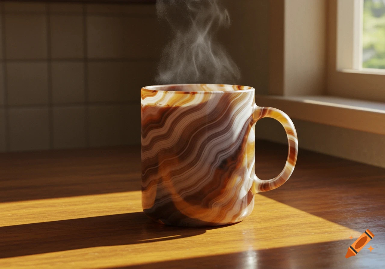 A steaming coffee mug made of polished agate, with brown and white wavy patterns, sits on a sunlit wooden counter by a window.