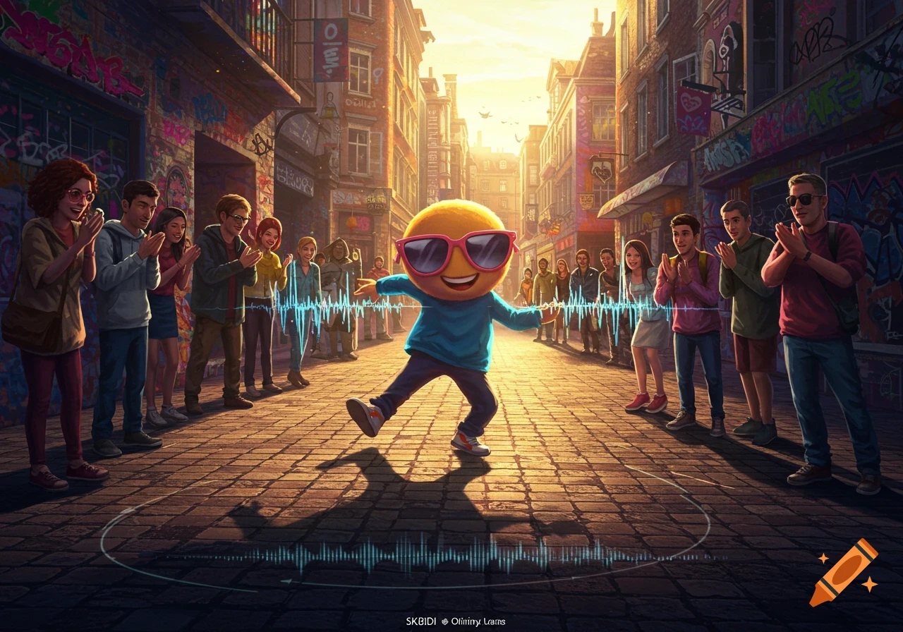 A cheerful, round yellow emoji wearing pink sunglasses and a blue hoodie dances on a brick street with glowing sound waves, surrounded by a diverse crowd of clapping people in an urban setting with graffiti-covered buildings at sunset.