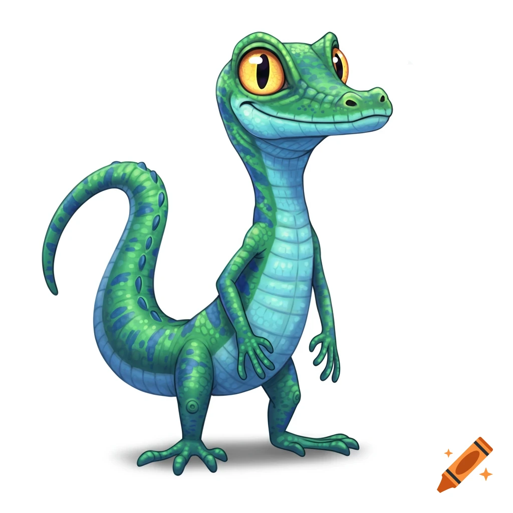 A friendly cartoon green lizard with yellow eyes stands on a white background.
