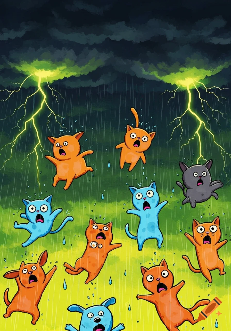 Cartoon cats and dogs with scared expressions rain from a dark, stormy sky with bright lightning and green ground.