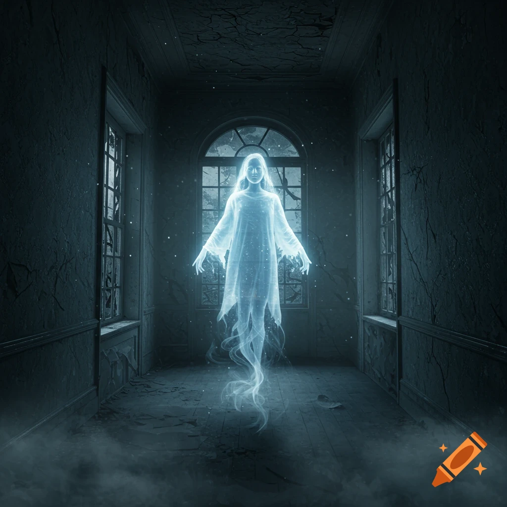 A glowing, ethereal ghost figure with long hair and flowing translucent drapery stands in a dark, decrepit hallway with broken windows.