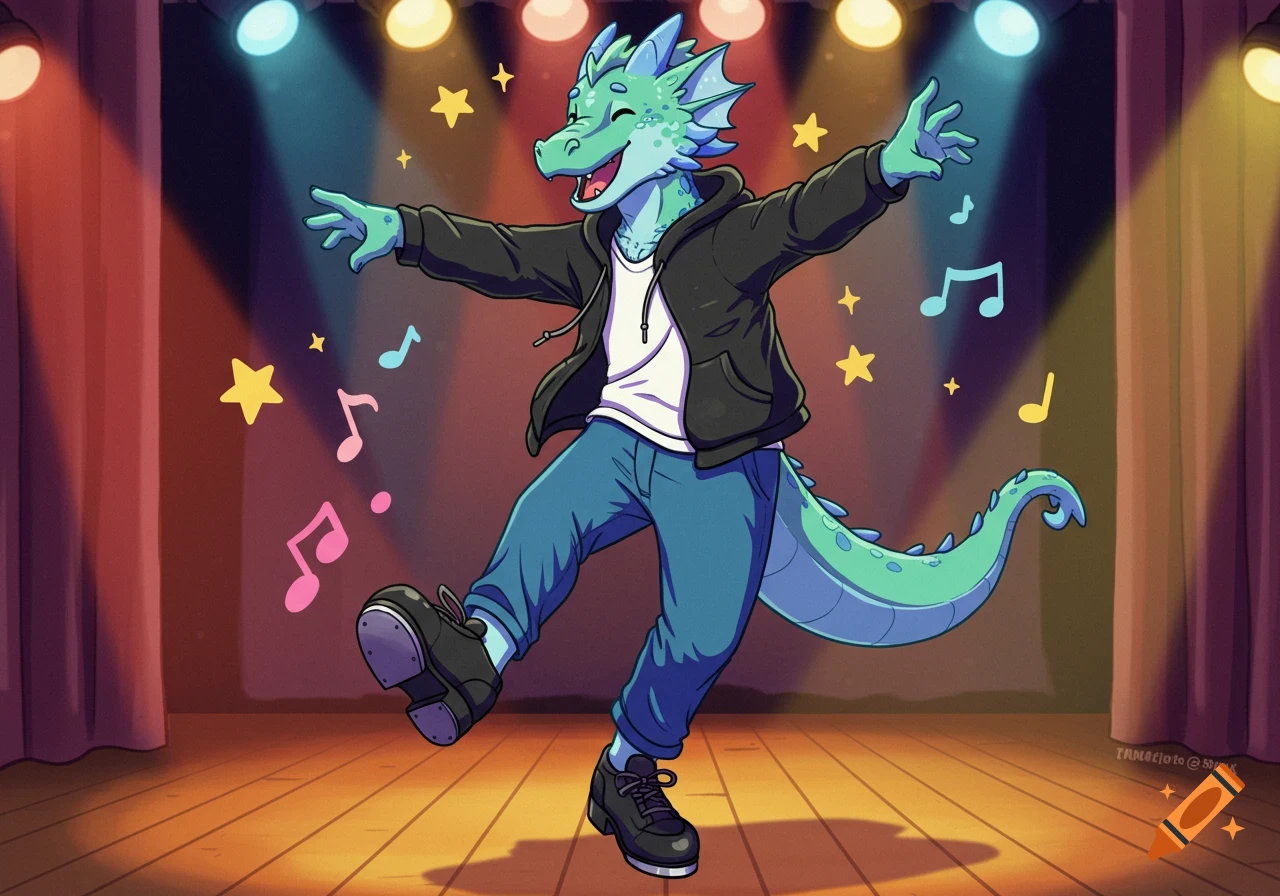 A friendly cartoon dragon in a black hoodie and tap shoes tap dances on a stage with spotlights and musical notes.