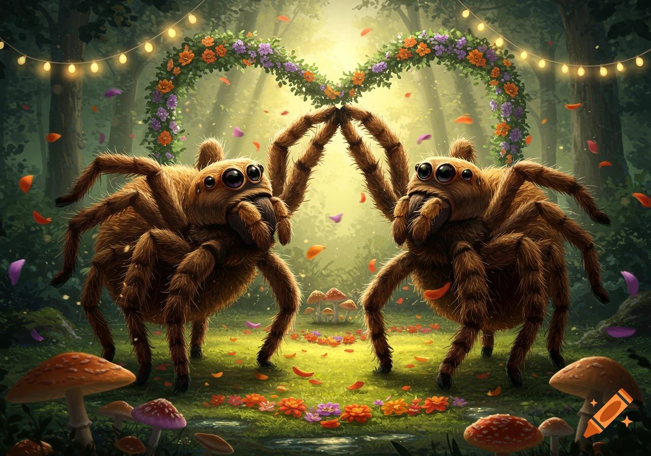 Two fluffy spiders touch legs to form a heart in a whimsical forest with a heart-shaped flower garland and string lights.