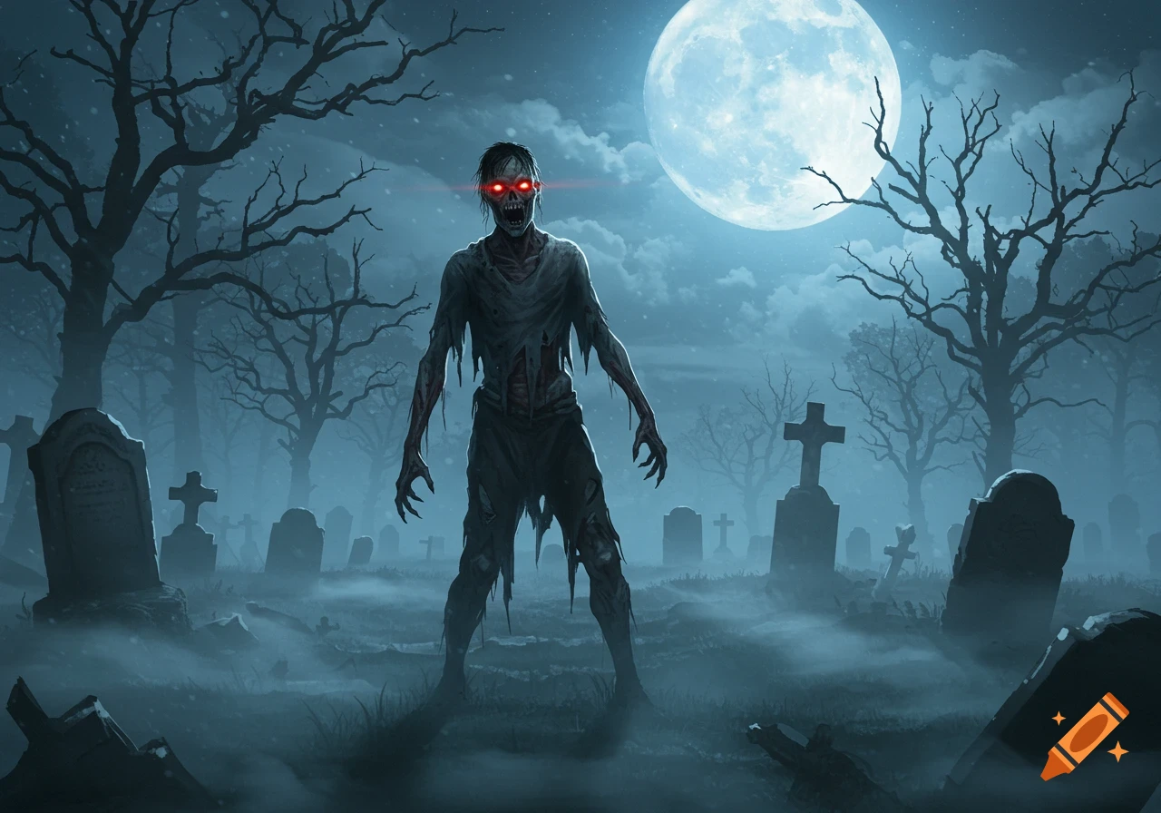 A menacing zombie with glowing red eyes stands in a foggy graveyard under a bright full moon at night.