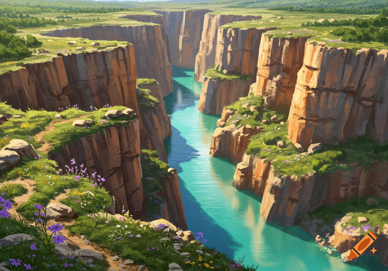 A stylized painting of a deep canyon with steep, rocky walls covered in green foliage and colorful wildflowers, with a vibrant turquoise river flowing through its base under a clear sky.