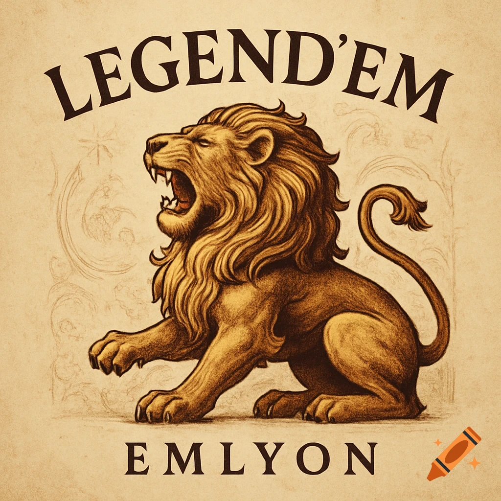 Stylized vintage-style logo featuring a roaring lion with text 'LEGEND'EM' and 'EMLYON' on a textured background.