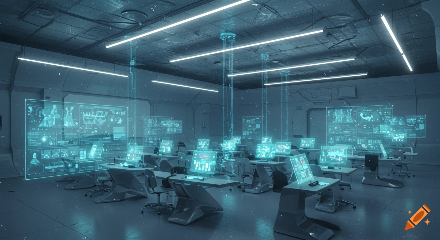 A futuristic classroom with multiple desks, each featuring glowing holographic screens displaying abstract data, under bright ceiling lights.