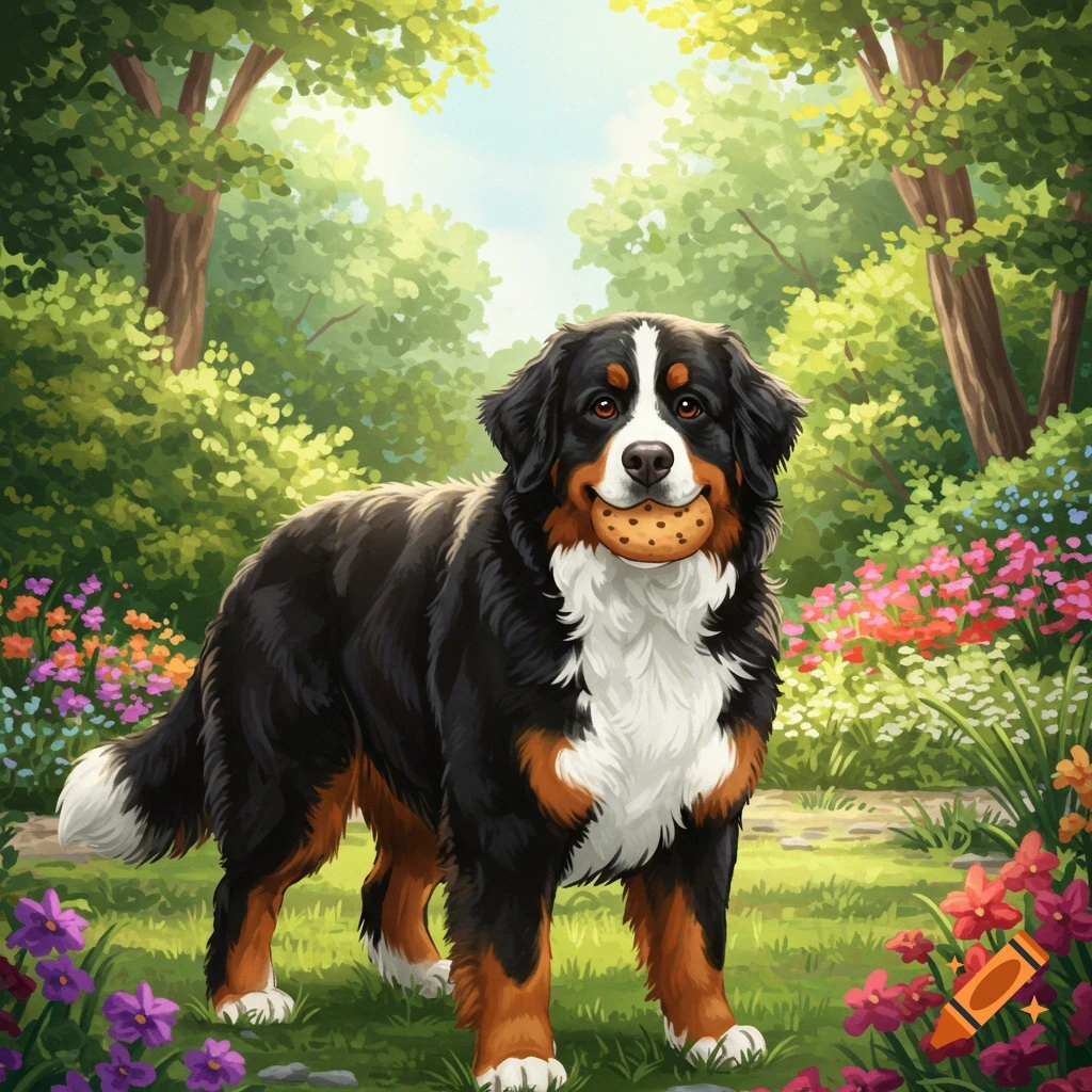 A happy Bernese Mountain Dog holding a cookie in its mouth, standing in a lush, colorful garden.