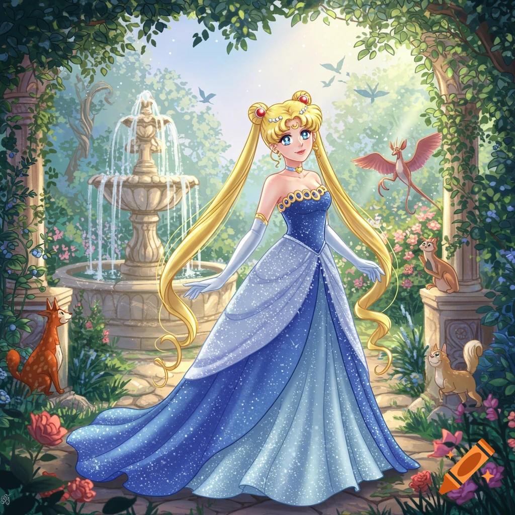 Sailor Moon in a sparkling blue ball gown stands in an enchanted garden with a fountain and small creatures, in an anime princess style.