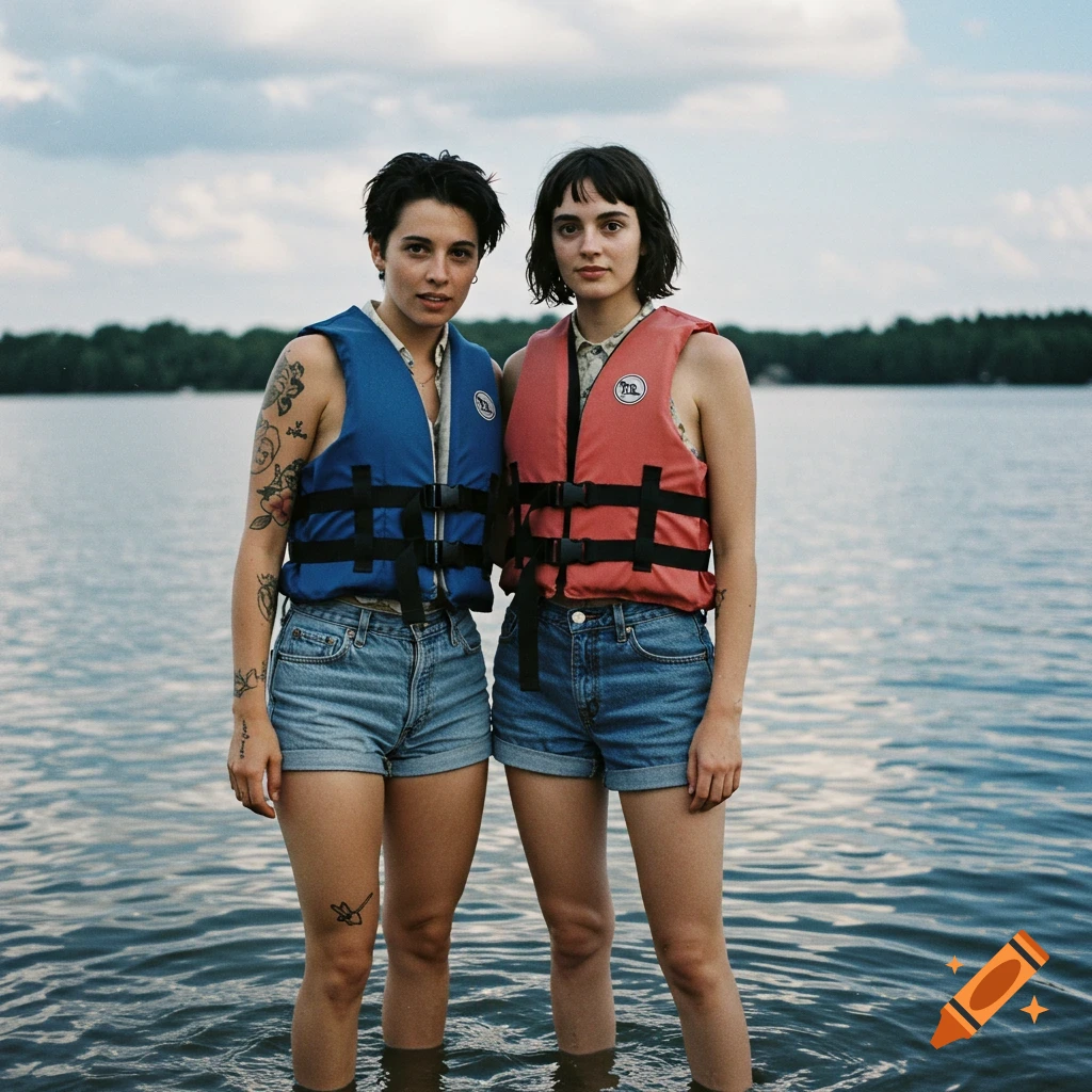 Two women in blue and red life jackets, denim shorts, and button-down shirts stand in a lake. One has short dark hair and tattoos, the other has bangs. Both look at the camera in an early 2000s digital photo style.