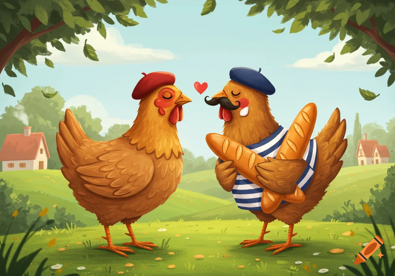 Two cartoon chickens dressed in French attire, one with a mustache and baguettes, the other with a beret, looking at each other in a grassy field under a blue sky.