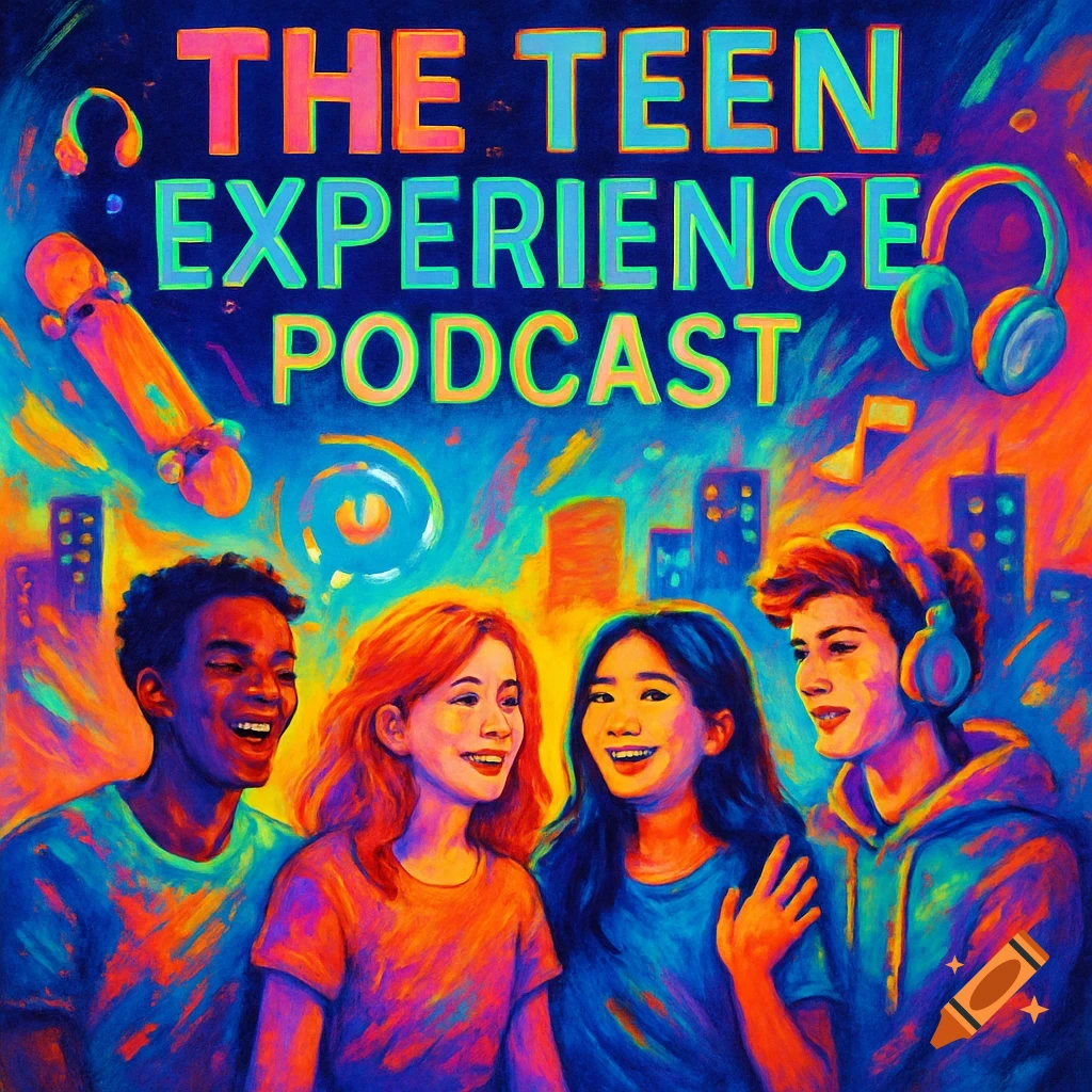 Vibrant illustration of four smiling teenagers for 'The Teen Experience Podcast' cover, with headphones, a skateboard, and city background.