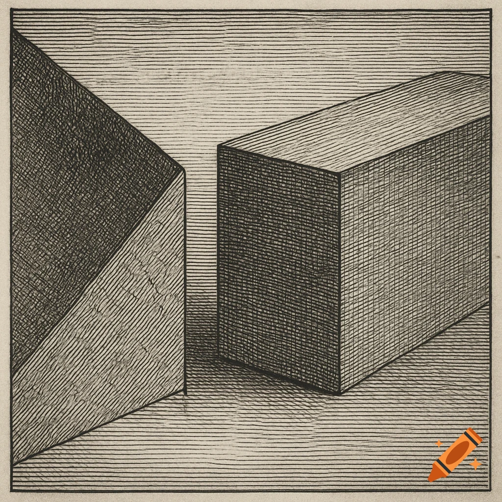 Abstract black and white geometric shapes in a 17th-century engraving style, with intersecting and parallel planes.