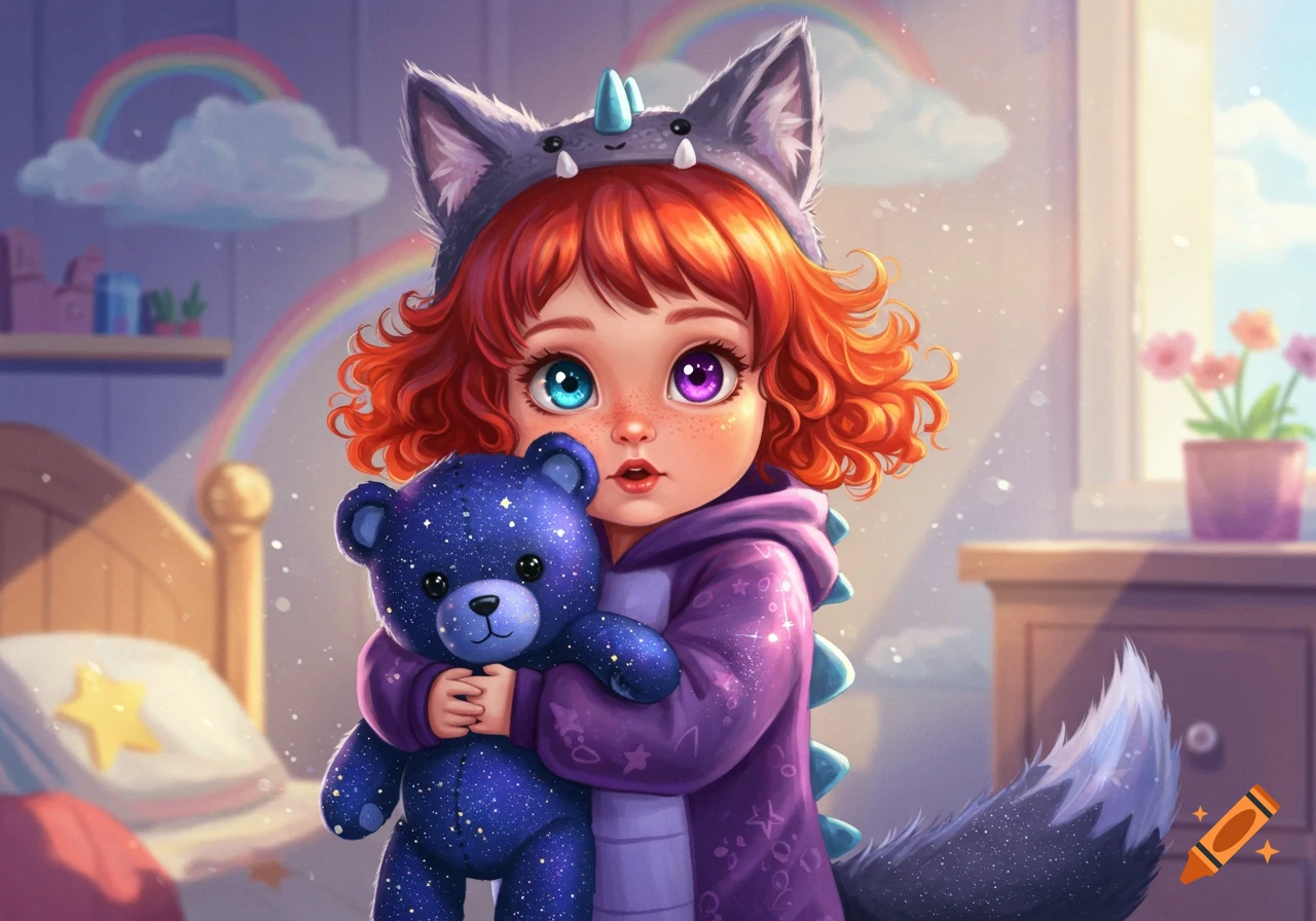 Whimsical illustration of a red-haired child in a wolf-dragon costume, holding a blue starry teddy bear in a fantasy bedroom with a rainbow.