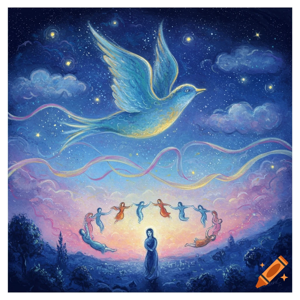 Chagall-style painting of a blue bird flying over a lone woman surrounded by dancing figures in a starry night landscape.