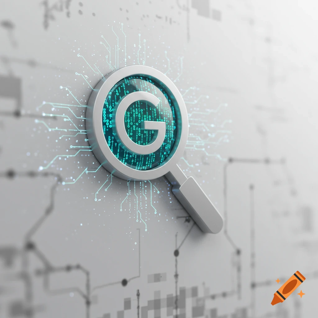 A 3D render of a silver magnifying glass with a glowing teal 'G' in the lens, surrounded by digital circuit lines on a white background.