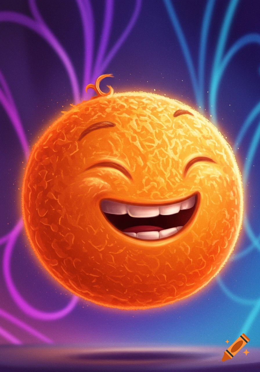 A cheerful, round orange character with a wide smile and closed eyes, set against a vibrant purple and blue background with glowing lines.