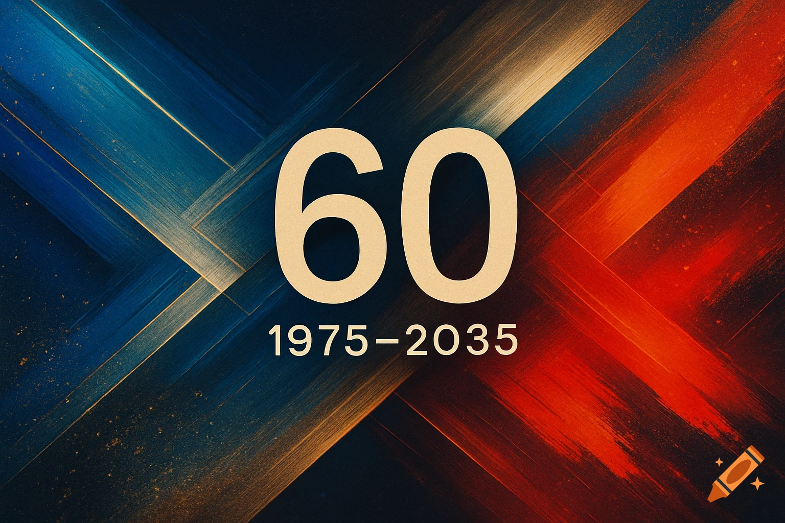 The number 60 and dates 1975-2035 centered on an abstract blue and red textured background with brushstrokes.