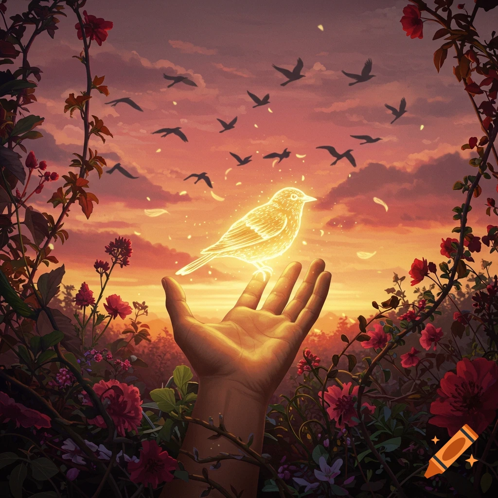 A hand holds a glowing bird at sunset, with more birds flying in the sky and red flowers framing the scene.