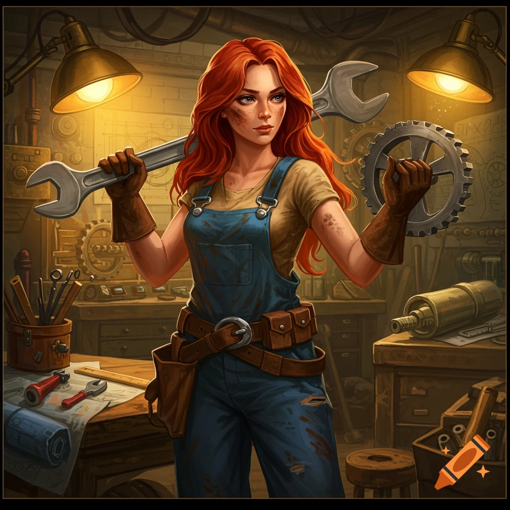 A young woman with red hair in overalls holds a large wrench and a gear in a rustic workshop, digital art style.