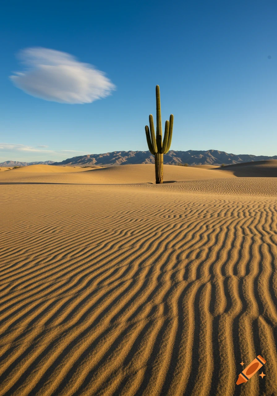 A solitary saguaro cactus stands tall in a vast desert landscape with rippled sand dunes and distant mountains under a blue sky.