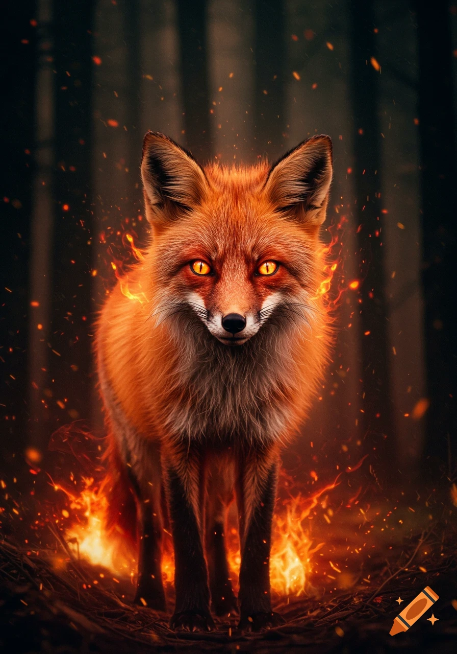 A photorealistic fox with glowing orange eyes stands amidst burning flames in a dark forest.