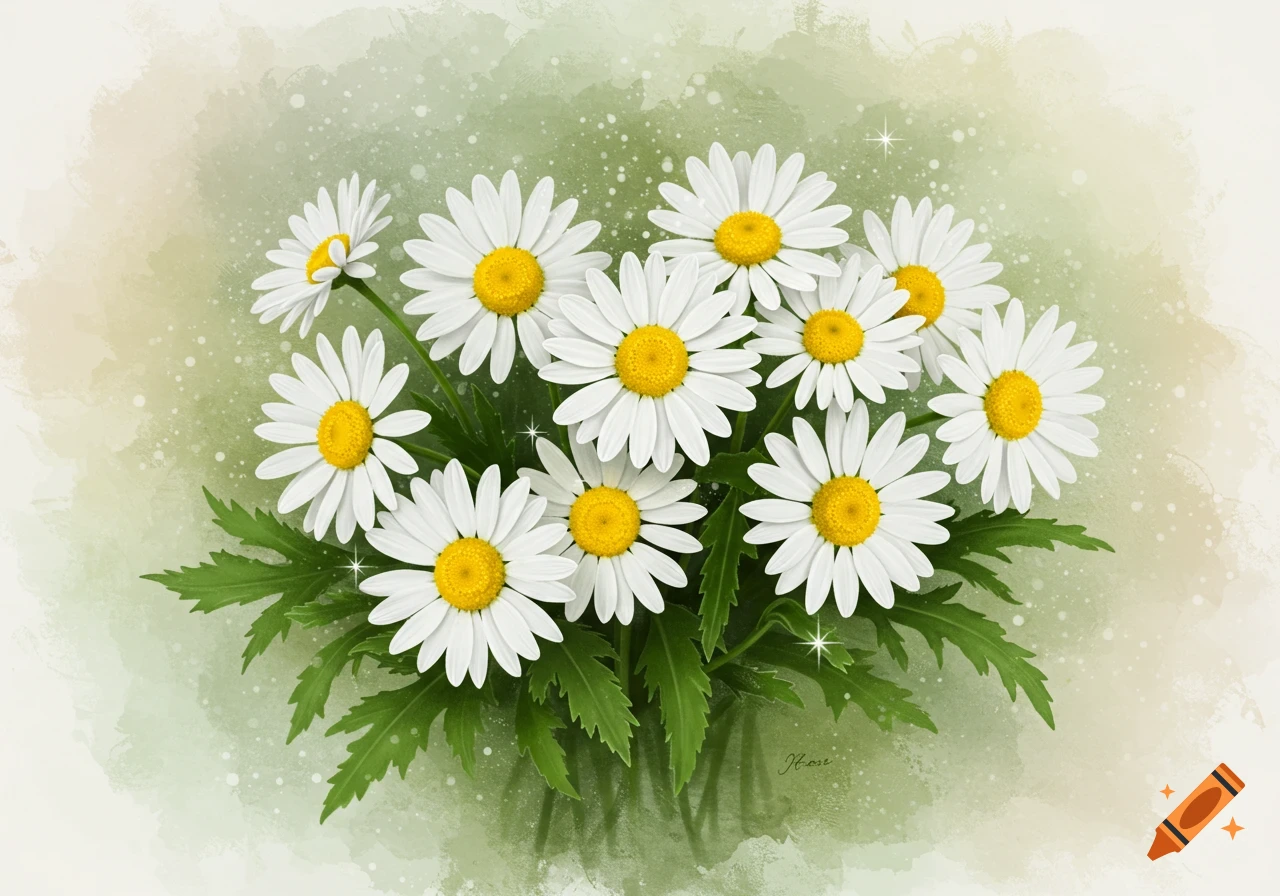 A vibrant watercolor painting of a bouquet of white daisies with yellow centers and green leaves, with subtle sparkles on a soft green background.