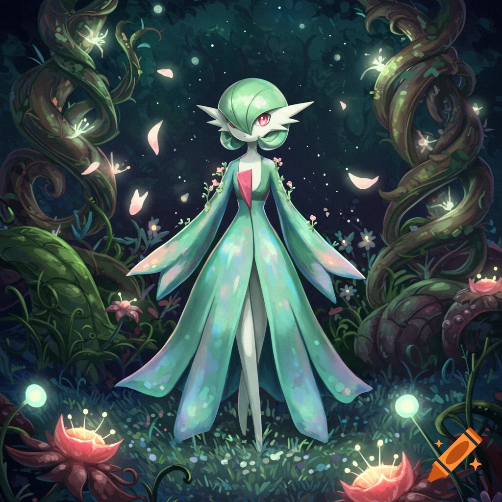 A Gardevoir-like Pokémon stands among glowing plants and twisted vines in a mystical, dark forest.
